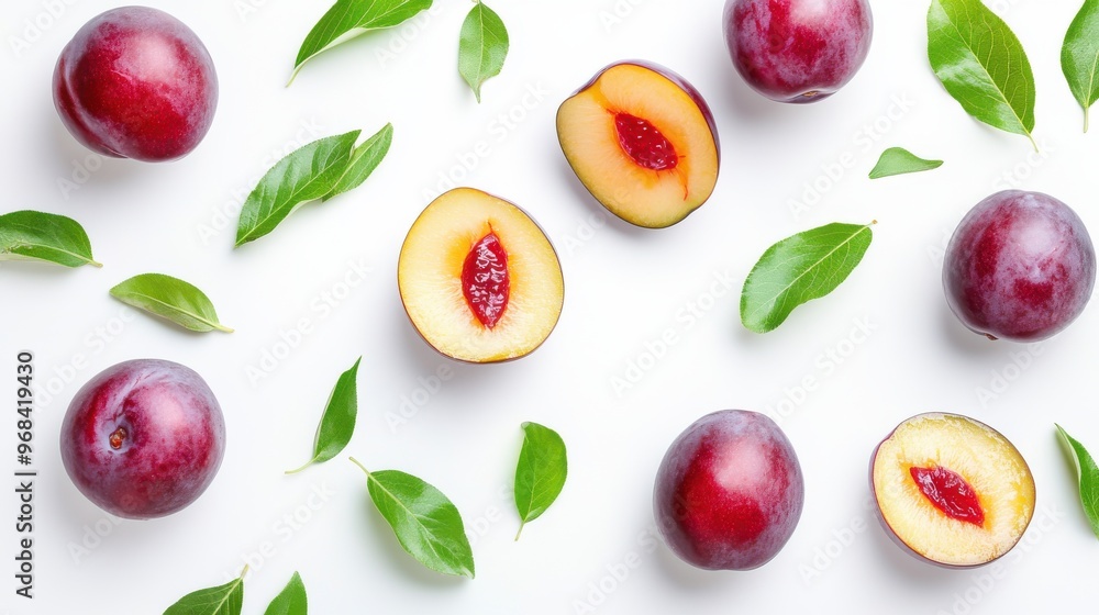 Poster plum with half slices falling or floating in the air with green leaves isolated on a white backgroun