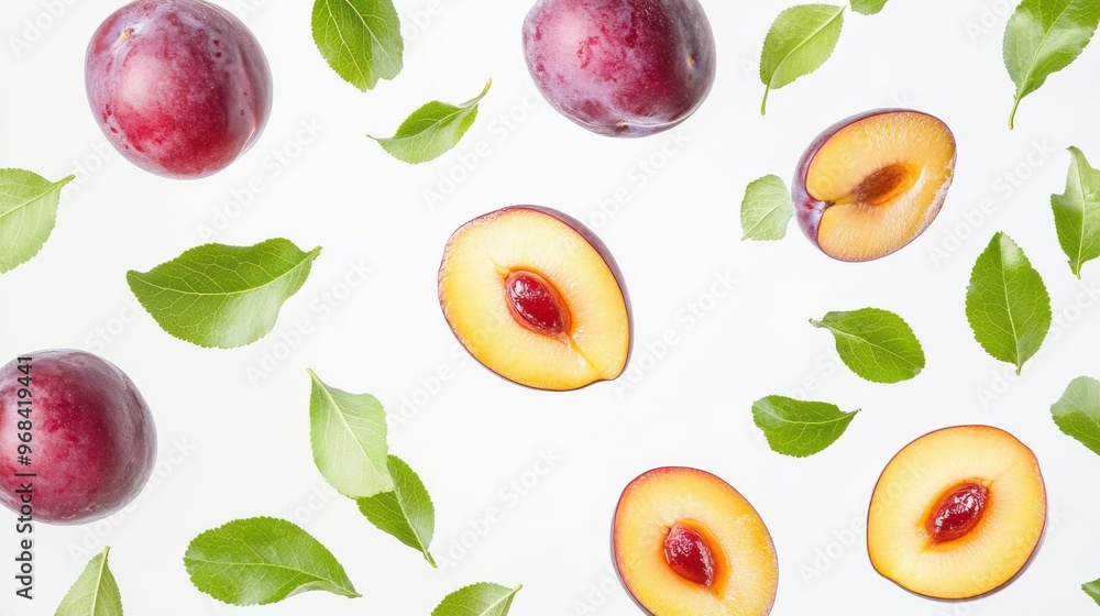 Poster plum with half slices falling or floating in the air with green leaves isolated on a white backgroun