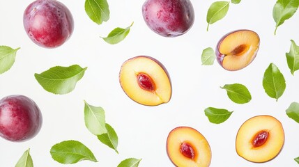 Plum with half slices falling or floating in the air with green leaves isolated on a white background.
