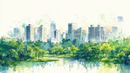Obraz premium Watercolor depiction of a green city, fresh air, combating air pollution, environmental preservation, sustainable urban design, lush urban parks, Midjourney