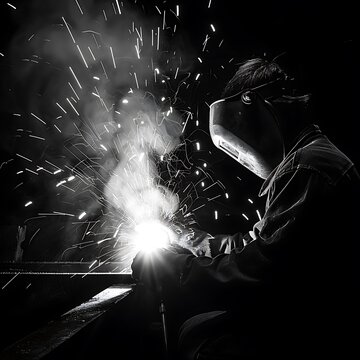 Industrial welder at work, black and white photo.