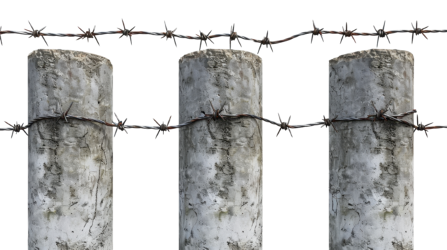 Barbed wire with concrete pillars on transparent background
