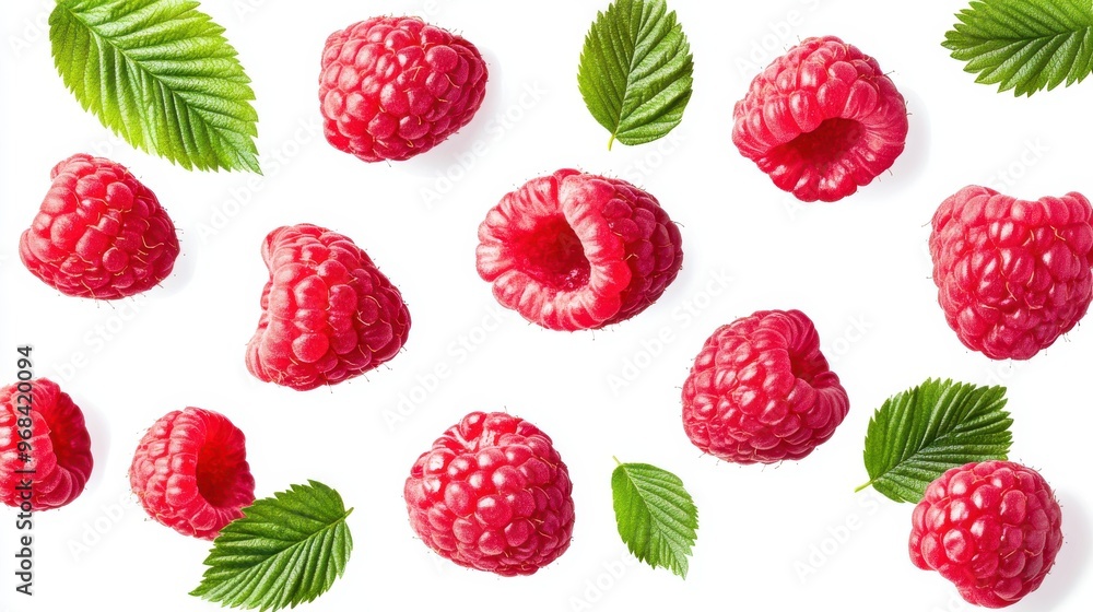 Poster raspberry with half slices falling or floating in the air with green leaves isolated on a white back