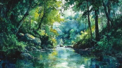 Watercolor environment scene with lush forest, nature conservation, restoring ecosystems, vibrant greenery, eco-friendly habitat, serene natural beauty, Midjourney