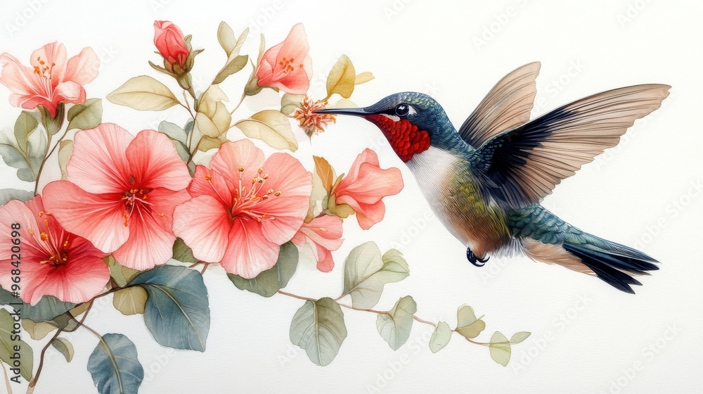 Wall mural ruby-throated hummingbird feeding on a flower on a white background