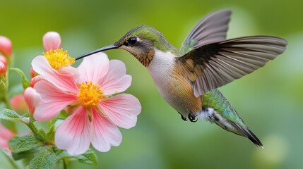Ruby-throated hummingbird feeding from a flower on a white background
