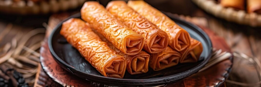 Asian Egg Roll or Kue Semprong Traditional Indonesian Wafer Snack made by Clasping Egg Batter with an Iron Mold