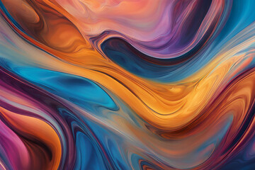 Beautiful abstraction of liquid paints in slow blending flow mixing together gently