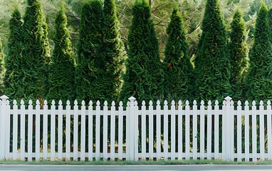Fototapeta premium White wooden fence with green plants on the street.