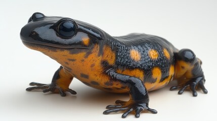 Salamander crawling on a white background, showcasing its smooth, wet skin