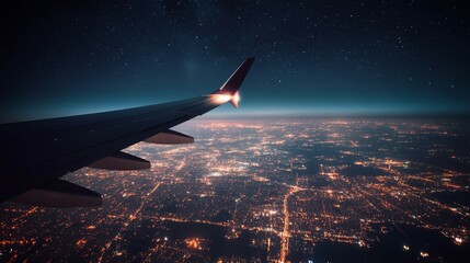 Aerial view from an airplane wing at night, showcasing city lights and a starry sky.