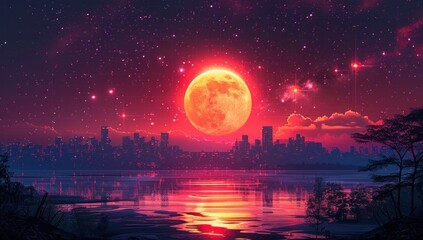 Cityscape Under a Crimson Moon
