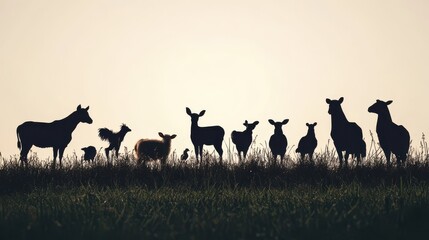 Silhouette clipart of farm animals on a white background, simple and clean