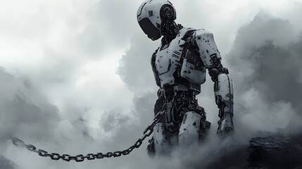 Fototapeta premium A solitary AI humanoid, shackled by ethereal chains representing law, standing on a misty cliff, pondering its destiny under a stormy sky, steampunk, grayscale, sketch style