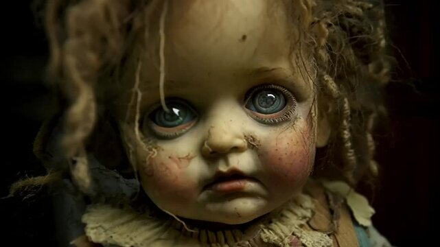 Weathered doll with cracked paint and hauntingly realistic eyes