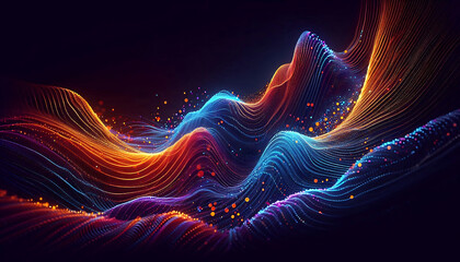 Abstract digital illustration featuring flowing waves of vibrant colors orange blue and purple against a dark background. The waves are composed of small glowing particles