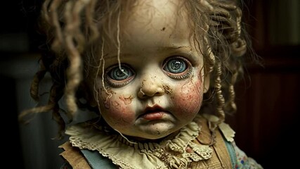 Creepy close-up of a doll with weathered features and haunting eyes