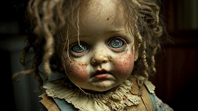 Creepy close-up of a doll with weathered features and haunting eyes