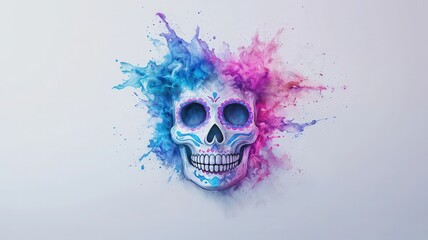 Fototapeta premium A vibrant artistic skull design with splashes of blue and pink, showcasing creativity and a modern twist on traditional themes.