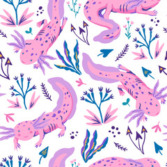 Hand-drawn seamless pattern with doodle axolotles and plants. Cute vector illustration in modern style in delicate pastel colors.