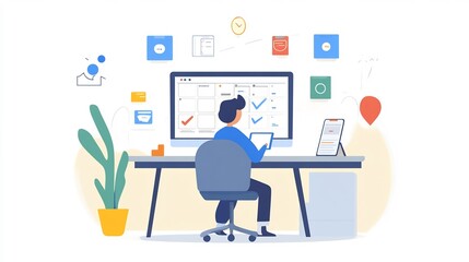 Man sitting at a desk with a calendar on his computer screen, checking off items.