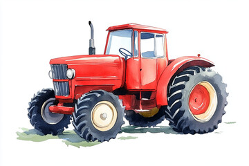 Obraz premium A vibrant watercolor illustration of an old fashioned red tractor, showcasing its classic design and sturdy wheels. This artwork captures charm of rural life and agricultural heritage