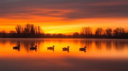 A serene sunset casts golden hues over a calm lake with ducks in silhouette.