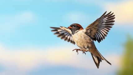 Obraz premium A beautiful bird in mid-flight, showcasing vibrant feathers against a serene blue sky, representing freedom and nature's beauty.