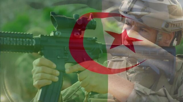 Animation of flag of algieria over diverse soldiers
