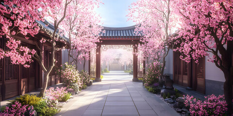 Illustration of a Serene Cherry Blossom Garden Courtyard