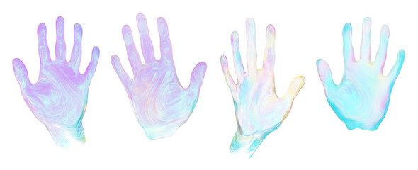 Obraz premium Four colorful holographic handprints in varying styles, isolated on a transparent background. A vibrant and modern look for digital art or tech-related designs.