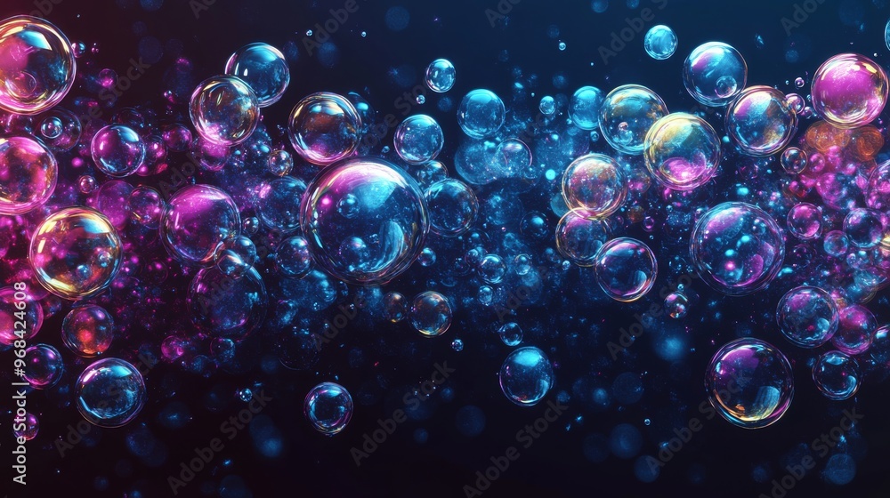 Poster iridescent bubbles floating in a dark, sparkling background