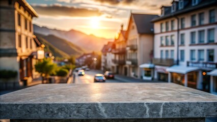 Fototapeta premium Empty stone or marble tabletop or counter with display product with blured city, town, outdoor background.