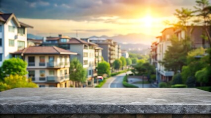 Fototapeta premium Empty stone or marble tabletop or counter with display product with blured city, town, outdoor background.