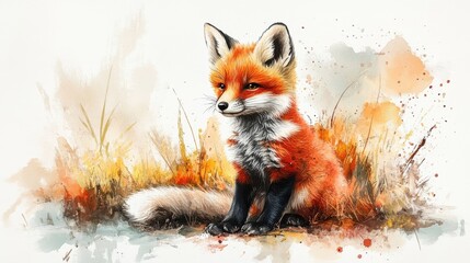 Fototapeta premium Watercolor illustration of a baby fox, with soft brush strokes and vibrant colors, on a white background.