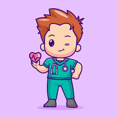 Obraz premium Cute Doctor Holding Love Heart with Stethoscope Cartoon Vector Icon Illustration. People Health Icon Concept Isolated PremiumVector. Flat Cartoon Style