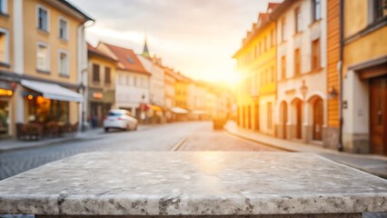 Obraz premium Empty stone or marble tabletop or counter with display product with blured city, town, outdoor background.