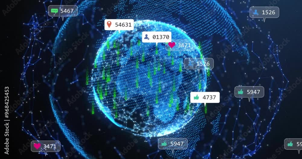Poster animation of media icons and data over globe