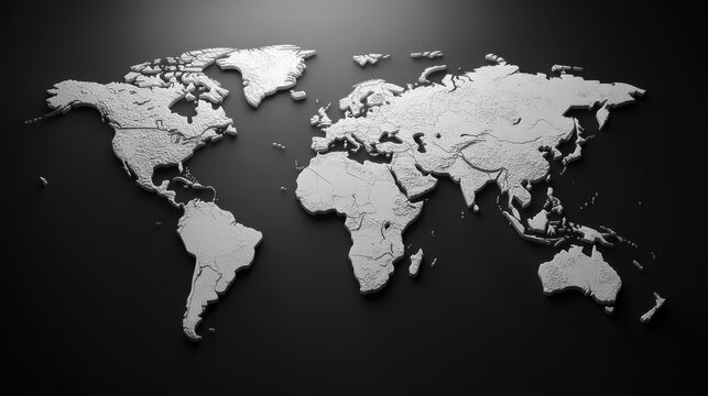 Fototapeta white world map in depth, clipart, in black background