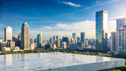 Empty stone or marble tabletop or counter with display product with blured city, town, outdoor background.