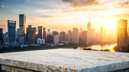 Empty stone or marble tabletop or counter with display product with blured city, town, outdoor background.