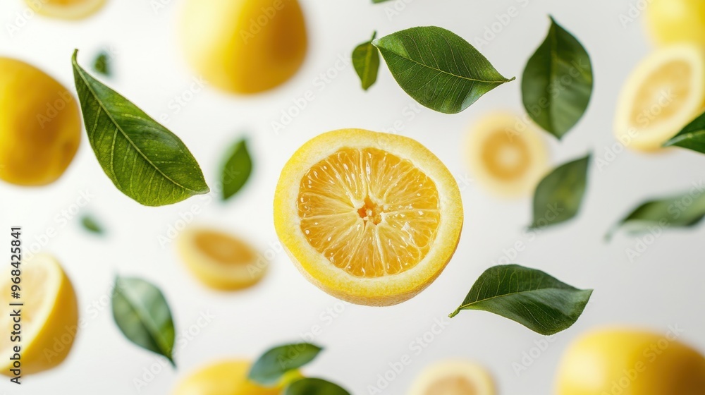 Poster yuzu with half slices falling or floating in the air with green leaves isolated on a white backgroun