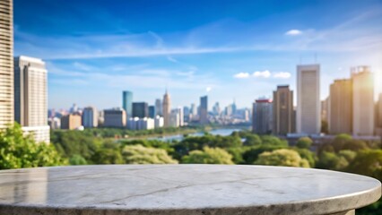 Obraz premium Empty stone or marble tabletop or counter with display product with blured city, town, outdoor background.