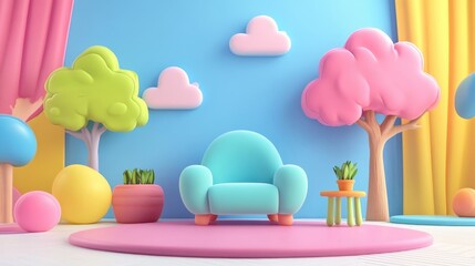 Empty 3D cartoon background for kids, colorful landscape, vibrant and playful setting