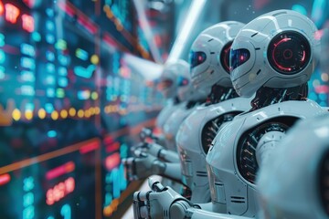 A group of robots are standing in front of a wall of monitors