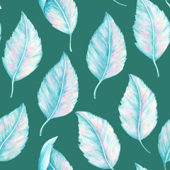 Seamless pattern with hand-drawn blue abstract leaves in various position for textile and wallpaper