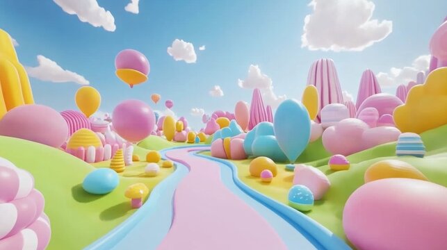 Empty 3D cartoon background for kids, colorful landscape, vibrant and playful setting
