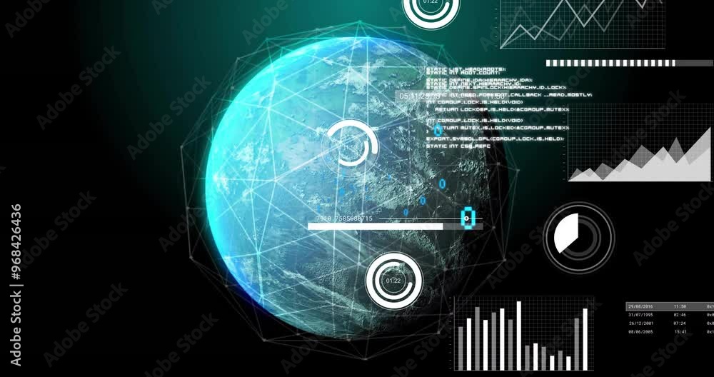 Poster animation of data processing and diagrams over globe