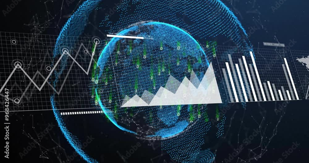 Poster animation of data processing and diagrams over globe