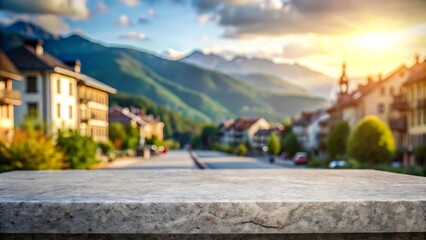 Fototapeta premium Empty stone or marble tabletop or counter with display product with blured city, town, outdoor background.